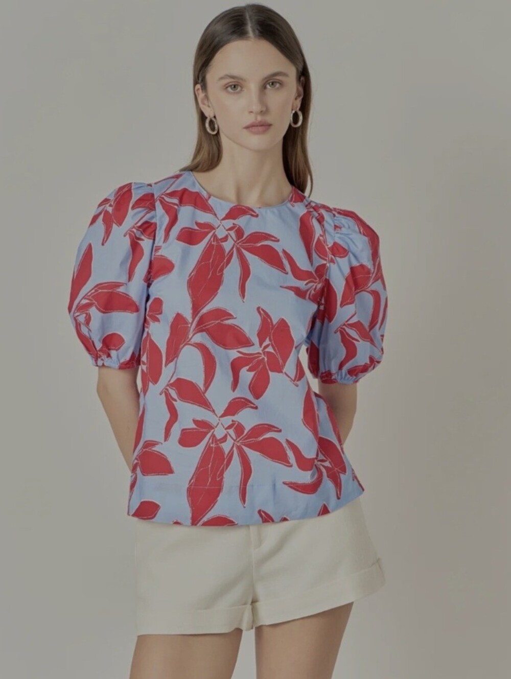 English Factory Anthropologie Artsy Abstract Leaf Puff Sleeve Art To Wear Blouse